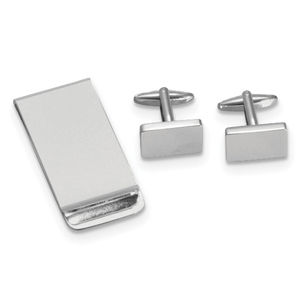Silver-plated Rectangular Engravable Cuff Link and Men's Gifts Money Clip Set